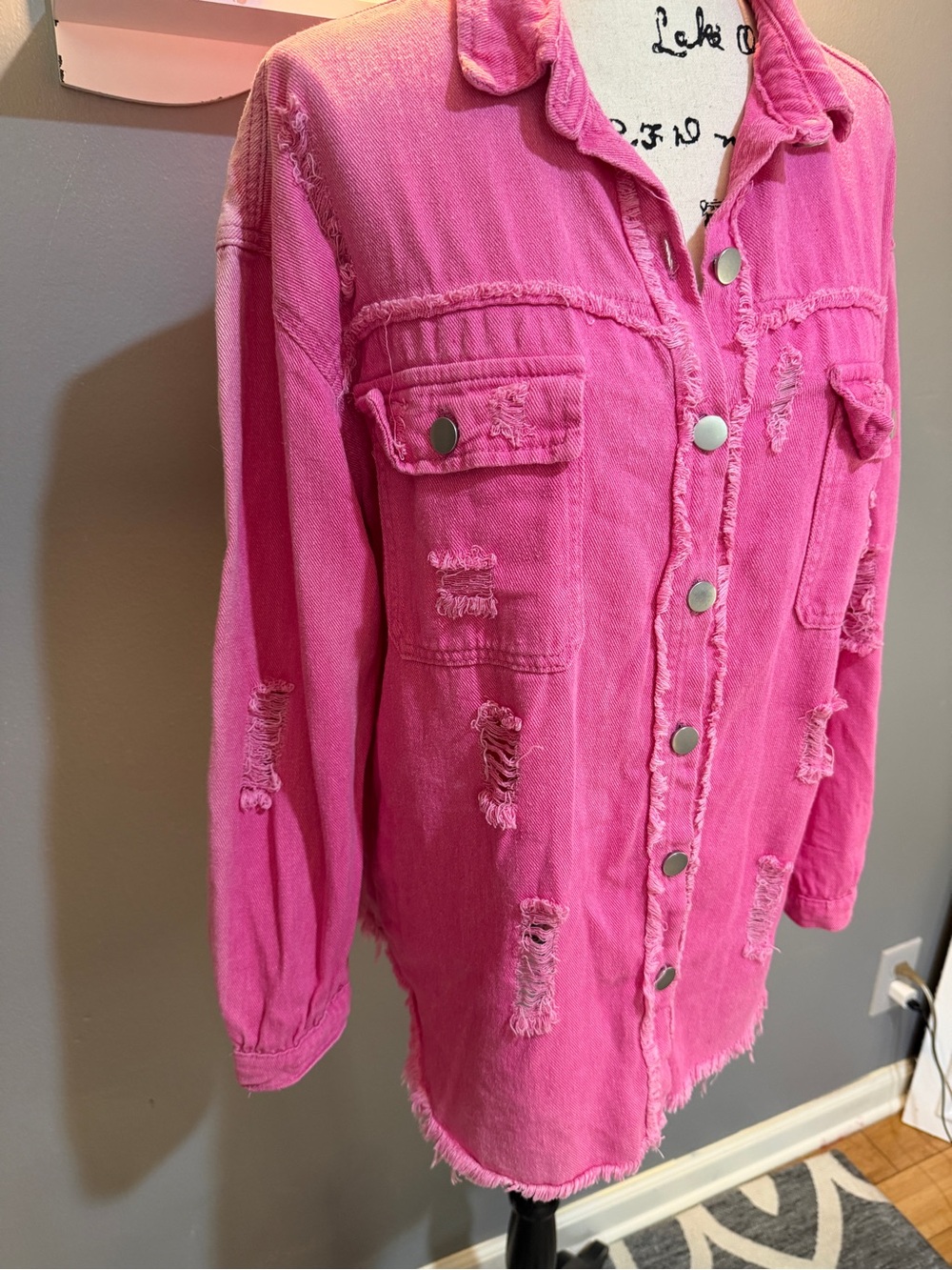 Pink Distressed Button-Front Jean Jacket - Picture 4 of 7